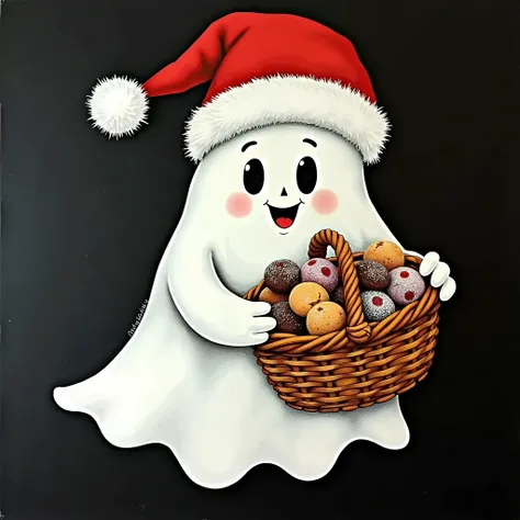 art using the techniques of collage and stencil painting, a smiling ghost in a Santa hat, holding a basket of cookies and sweets, he looks straight ahead, black bacground 