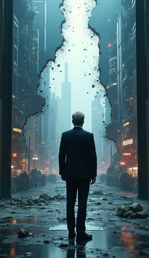 "hyperrealistic style, Marcos, a middle-aged man, wearing a business suit, standing in front of a shattered mirror, each shard reflecting a different path in life, one side showing success with futuristic technology and bright lights, and the other side a ...