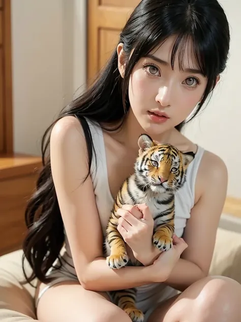 hinata hyuga holding a small tiger cub in their hand, tiktok video, talking animals, very cute features, cute features, cute ani...