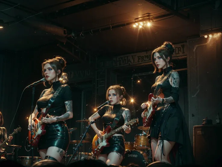 (trio), an all woman punk band, 3 women, all wearing slightly revealing goth-punk outfits, interior of a smokey dive bar, the wo...