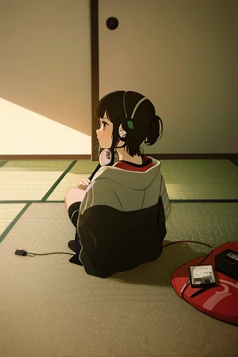 Japanese side view, cute girl with headphones listening to music in her room 