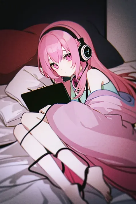 white japanese girl with pink hair, cute and beautiful, listening to music on headphones in your room