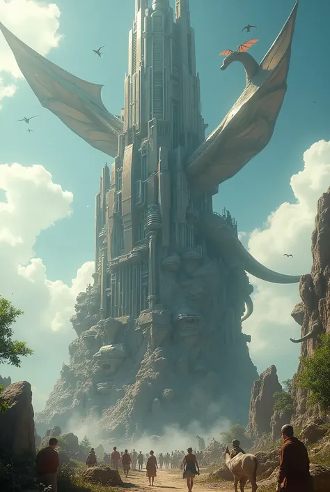 Tallest scifi house touching to the sky flying dragon around the house diffrent kind of animals and many many people around the house wondering how big is the house looks so amazing and unimaginable 