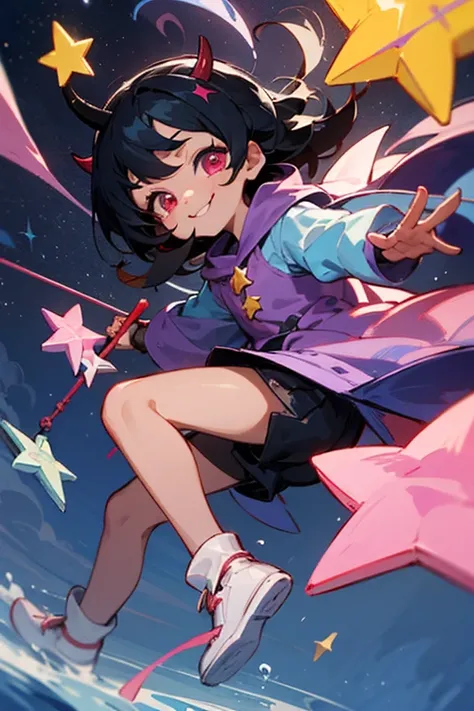 A red skinned demon baby with black hair, blue, pink and purple With a cute smile, and a star wand