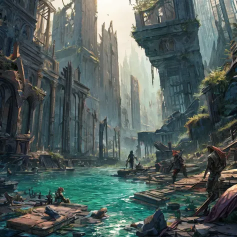 The ruins of the city are half-submerged; giant skeletons are visible in the water 