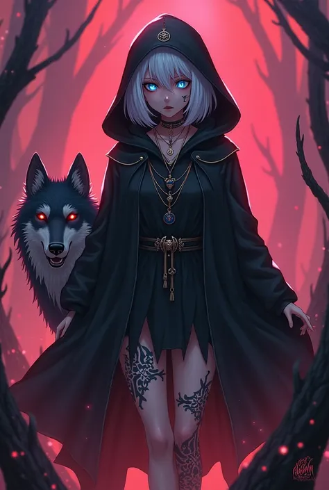 1girl,short white hair, glowing blue eyes, black oversized hooded cloak, mystical symbols, necklaces, dark tattoos on face and legs, dark wolf companion with glowing red eyes, vibrant abstract background of red, pink and purple swirls, dynamic shapes, high...