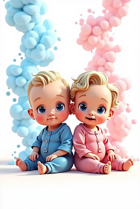 digital illustration girl Marilyn Monroe and boy Joe Dimaggio  baby version both are American white they are twins they are sitting next to each other the boy is wearing blue and has short hair, the girl is wearing pink on solid white background with blue ...