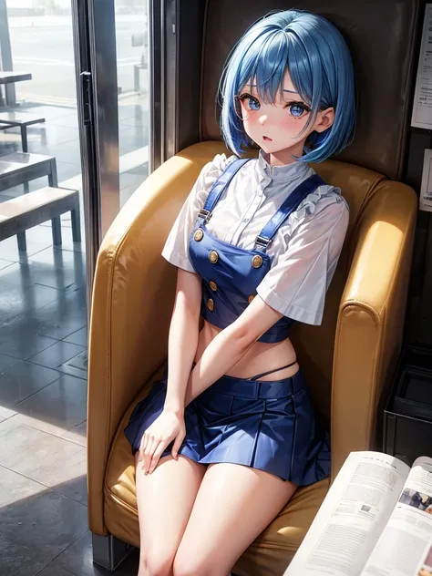 Blue hair bob girl、Has blue eyes、She is wearing a blue crop top and a white skirt、Navy blue socks and high heels、There is a golden baby pacific philippines in the center of the mouth、Sitting in a chair