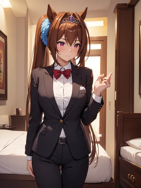 (​masterpiece、top-quality、hight resolution、Unity 8k、extremely details CG:1,Best Picture), Daiwa Scarlet (Uma Musume), ((tiara)), brown hair, hair intake, red eyes, long hair, twintails, animal ears, horse girl, A female employee, wearing a suit, trousers a...