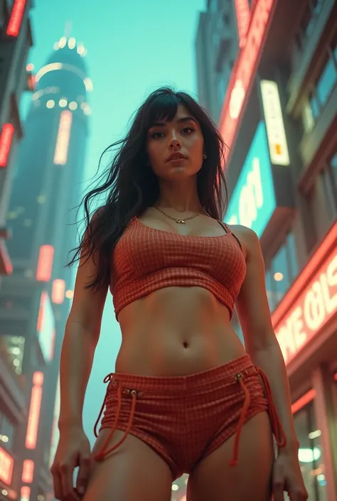 Low angle shot of a beautiful retro futuristic woman. In this image the woman is in a sexy pose, full of energy and movement, wearing a crop top and shorts with interesting details. Her dark brown hair and defined bangs make her look unique and modern. Her...