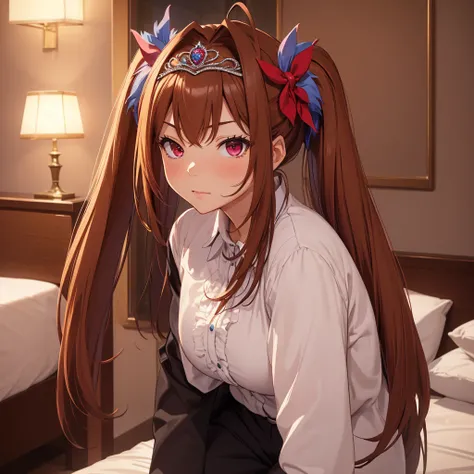 (​masterpiece、top-quality、hight resolution、Unity 8k、extremely details CG:1,Best Picture), Daiwa Scarlet (Uma Musume), ((tiara)), brown hair, hair intake, red eyes, long hair, twintails, animal ears, horse girl, A female employee, wearing a suit, trousers a...