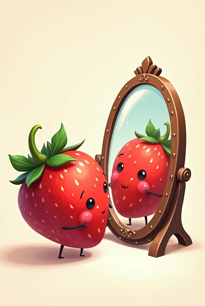 Illustration of a Strawberry, with its radiant red tone, looking in the mirror.