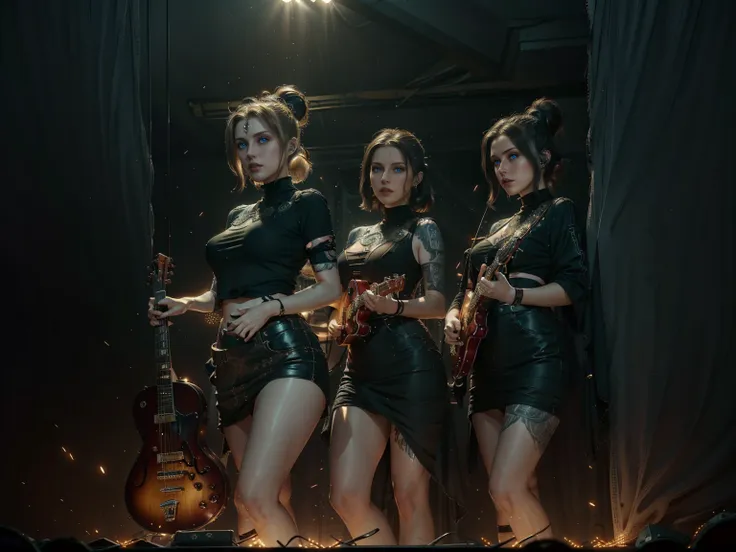 (trio), an all woman punk band, 3 women, all wearing slightly revealing goth-punk outfits, interior of a smokey dive bar, the wo...