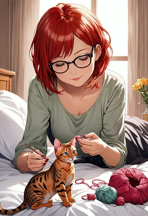 A girl with glasses and short blonde hair and a girl with short red hair are sitting on a bed. The girl with short red hair is folding origami and the girl with glasses is knitting. A Bengal cat is playing next to them. They are having fun