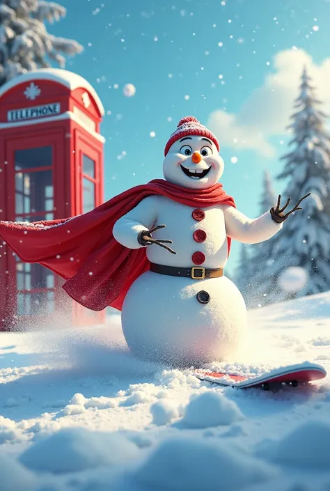 (((8k uhd high detail, 8k cinematic art)), happy snowman superhero, vibrant cape and heroic accessories, happy face, iconic red telephone booth, intricate snow texture, cheerful lines, masterpiece, complex high-quality background, lively 80s cartoon atmosp...