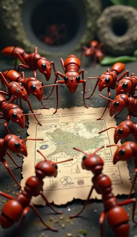 The red ant troops, are preparing their war strategy, with a large map in the middle of them Realistic images, 4K 