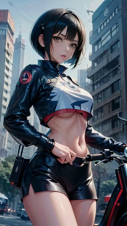 masterpiece, high details, high quality, highres, 8k, Future female ninja、Female cyborg、One Japanese woman、Age 25、Black Hair、Short Bob Cut Hair、Brown eyes、Cybertech Ninja Costume、Blurred Background、catastrophe、Destroyed city、Piloting the big scooter of the...