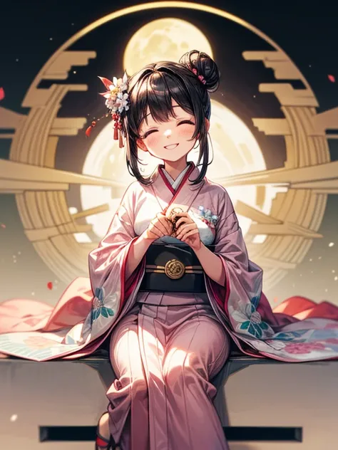 best quality, detailed background, 1girl, hair in a bun, black hair, holding a box of mooncakes, smiling warmly, closed eyes, pink and white kimono, flower in hair, Japanese festival background, flip flops