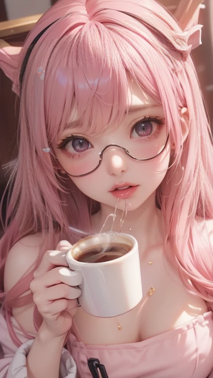 ((The best，masterpiece，（top quality、【8k、【32K、masterpiece,) (masterpiece, (Pink hair anime girl, Egiosar,  Eye bags, wear glasses, cosmetics, blush, blush nose, glitter cosmetics on eyes, perfect anime face, Semi-realistic animation, Detailed anime soft fac...