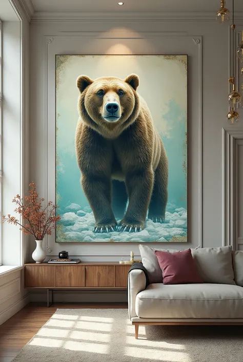 modern interior painting large olympic bear retro pastel cold tones gold grunge rich painting rough brushstrokes high resolution