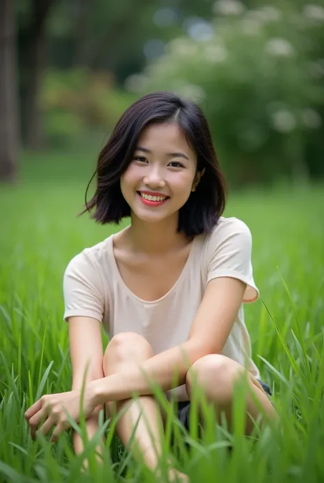 Beautiful southeast Asian woman, short hair, smile, 
look at viewer, open legs, on green yard, 