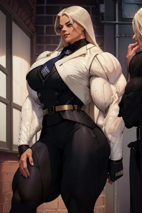 ((Close-up)), tall, (White hair) beautiful muscular mob queen, long straight hair, brown skinned, closed smile, large breast, (black lipstick), (massive muscles), (hyper muscle), (((ginormous bulky muscles))), blue eyes, (((((long sleeve school uniform sui...