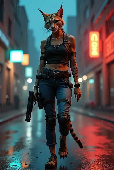 8k, ultrarealistic, bipedal female ocelot wearing tactical gear and black jeans black tank-top, carrying a .44 revolver in her hand. Her hands are covered in fur and her fingers end in claws. (Setting: City streets at night after a rain storm)