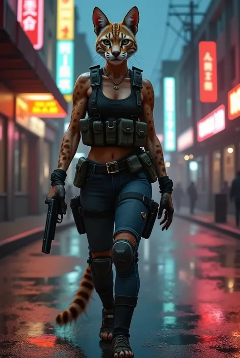 8k, ultrarealistic, bipedal female ocelot wearing tactical gear and black jeans black tank-top, carrying a .44 revolver in her hand. Her hands are covered in fur and her fingers end in claws. (Setting: City streets at night after a rain storm)