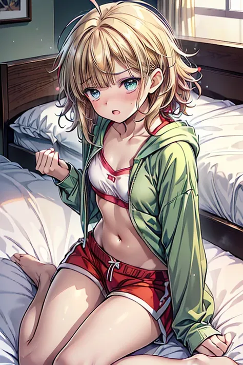 animeのかわいい女の子, ((One Girl)), ((Baby Face:1.3)), ((cute:1.3)), 
break 

(((A green short-sleeved hoodie with the front open:1.4)) + ((A plain red sports bra visible under the hoodie:1.4))、((Red shorts:1.4))),  
break 

((Blonde:1.3)), ((blunt bangs:1.5)), (...