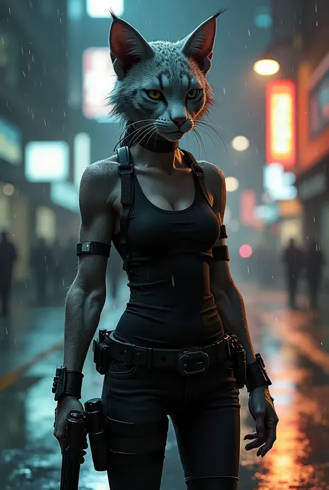 8k, ultrarealistic, bipedal silver female ocicat wearing tactical gear and black jeans black tank-top, carrying a .44 revolver in her hand. Her hands are covered in fur and her fingers end in claws. (Setting: City streets at night after a rain storm)