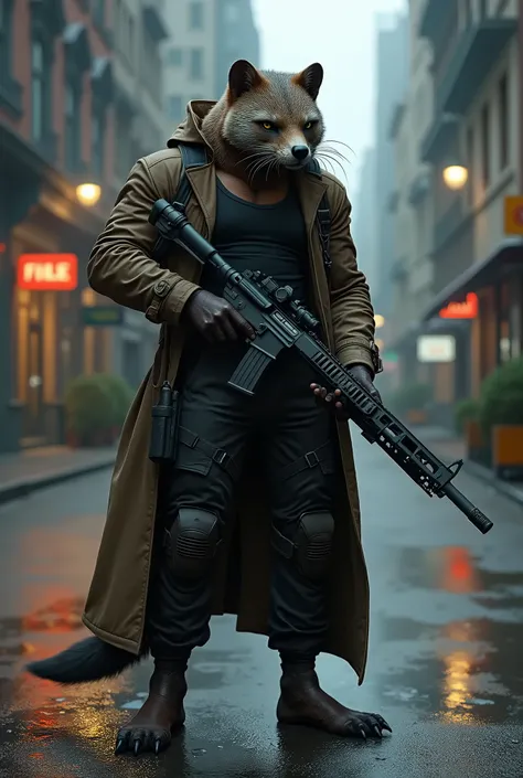 8k, ultrarealistic, bipedal male weasel wearing tactical gear and black jeans black tank-top and a trench coat, carrying a submachinegun in his hand. His hands are covered in fur and his fingers end in claws. (Setting: City streets at night after a rain st...