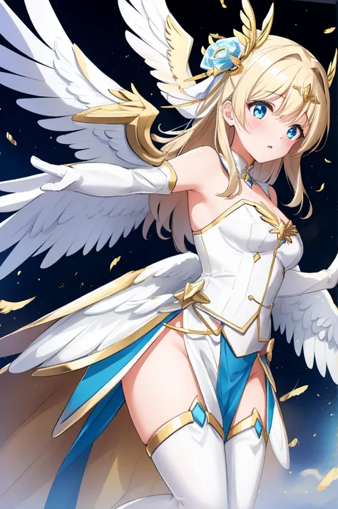 A female angel with white and gold wings 