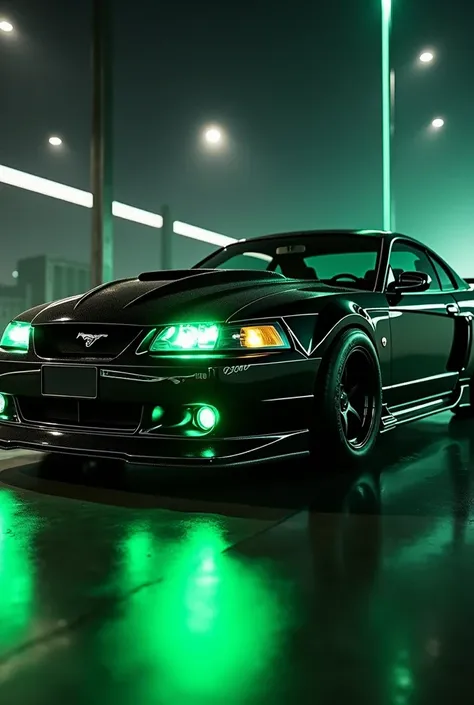 Black 2000 Mustang with green neon lights 