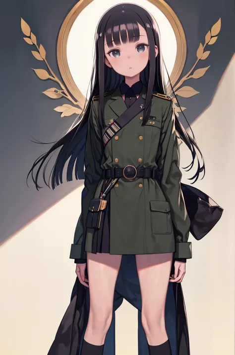 masterpiece of the highest quality, 1 girl, Alone,  flat chest perfect face, Beautiful May, One girl, Alone, Black Eyes, Black Hair, Long Hair, Straight bangs, Straight hair woman , Uniform, military, military Uniform, Green coat, Tea belt,White Background...