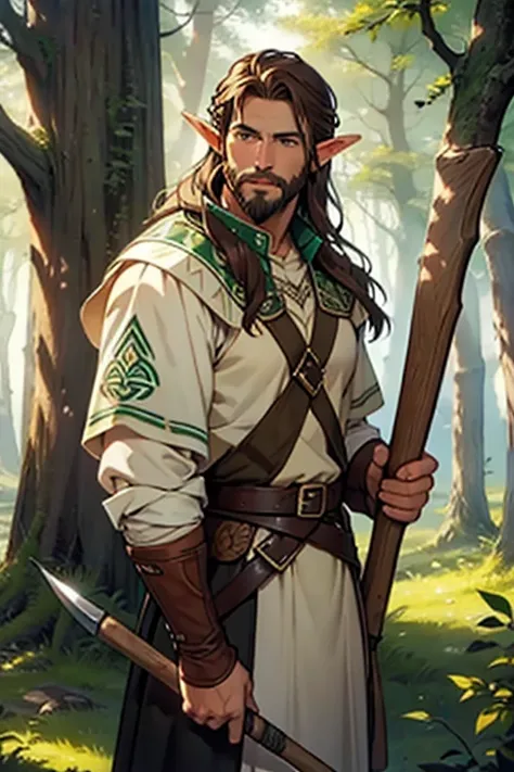 Celtic Knight, brown hair, brown beard, brown eyes, holding axe, trees background, elf, half elf, alone