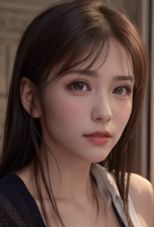 8k, Best quality, masterpiece:1.2), (Realistic, Photorealistic:1.37), Best quality, masterpiece, Beautiful young woman, Pensive expression,、Attractive、そしてAttractive表情, Oversized knit、Cleavage, Hair tied back, Cinematic Backgrounds, Light skin tone