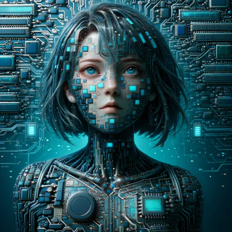 supreme female humanoid artificial intelligence, made entirely of biomech semiconductor,  science fiction, semiconductor cables ...