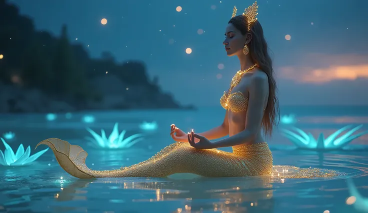 A meditating mermaid with a golden tail, resting on a crystal-clear shore under a twilight sky. Her body is adorned with pearls and glowing gemstones, and her eyes are filled with a hypnotic charm. The beach is illuminated by the soft, magical light of glo...