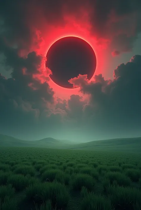 a green field, with a dark red eclipse in the sky with dark clouds around, dynamic view 