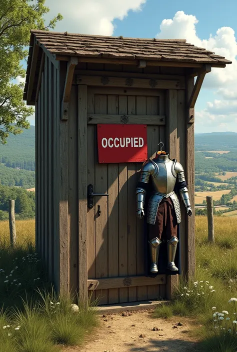 A medieval landscape with fields, forests and meadows. A wooden toilet block. The door is closed. There is a red sign on the door where in white letters is written  "occupied". There is no other text or image on the sign. Next to the box a Paladin armor ha...