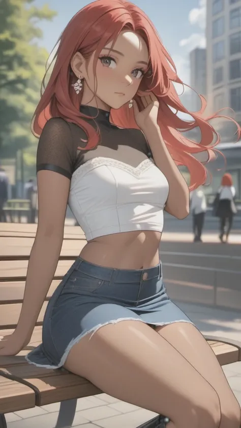 (((Adult woman)): (thigh short denim miniskirt, strapless denin top, pink eyes, brown skin, dark skin, showing the whole body, ((red head short wavy hair)), ((High heel boots ). Closed mouth )); full body shot, ((sitting on a bench at park)), city backgrou...