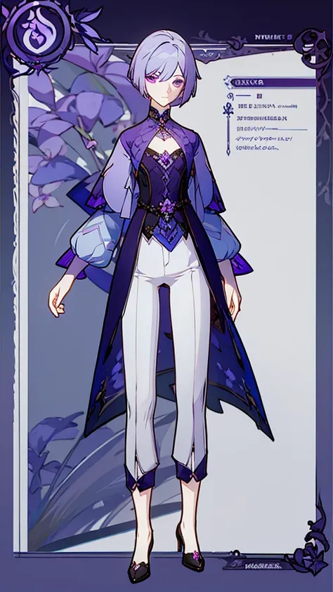 (Masterpiece, best quality), detailed, 1 woman, body, body complete, 1 female, 1 women. Character design sheet full body, Highly detailed, pale skin, indigo purple eyes, short hair, male hairstyle, short male hair, lavender flower, lavender flower referenc...