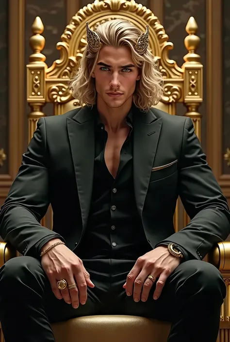 (photorealism:1.2), handsome man, young, dominant aura, muscular, sitting on a golden throne, with an intimidating pose, dressed in a black suit, black pants, blond hair, green eyes, golden crown and gold rings