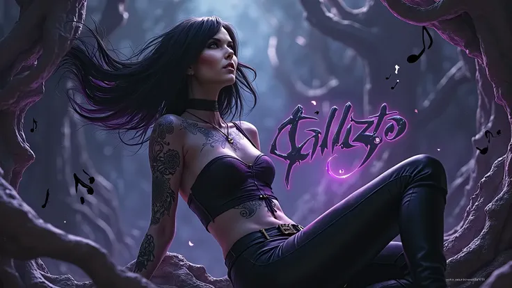 A stunning 3D render of a dark fantasy scene, featuring a captivating and enchanting goth/punk woman with black hair adorned with purple highlights and intricate tattoos. Her mysterious pose invites viewers into her mesmerizing world, where she is lost in ...