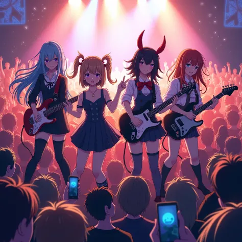 Dutch angle, An illustration of a 4-person band playing at a big concert, looking at viewer, anime style, great quality and vibrant colors, the background is a crowd of fans, soft light