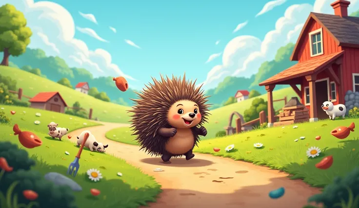 A porcupine playing on a farm in cartoon 