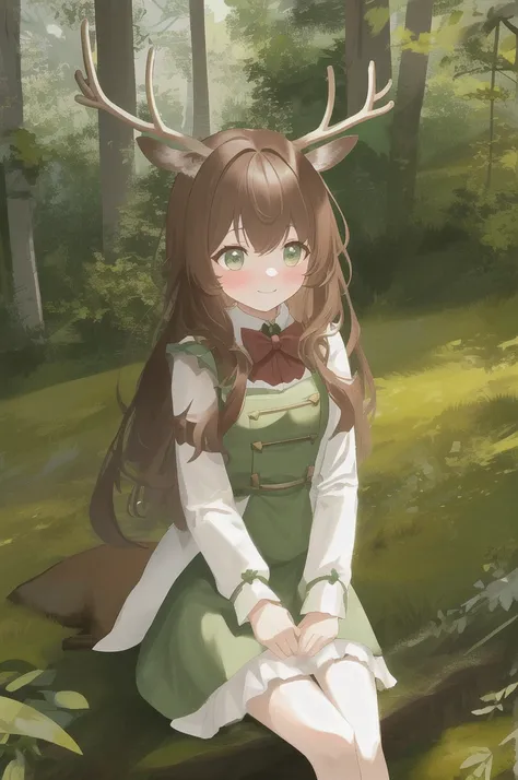 A blushing girl, Small Breasts Bangs, brown hair,Smile Green eyes Long hair, Deer ears,shy,in the forest with a green and white dress,sitting in the forest 