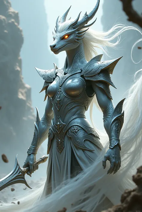 A humanoid Wind Dragon Warrior in silver armor a wind sword