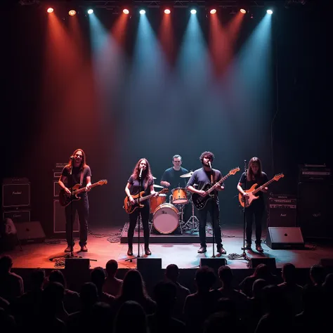  A photograph of a 4-person band playing in concert, three quarter view, from above, looking at viewer, 1 vocalist, 1 guitarists, 1 bassist 1 drummer,  microphone,  standing, on platform, ultrarealistic, great quality and vibrant colors, the enviroment is ...