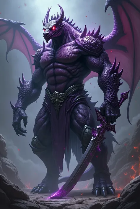 A purple humanoid Dark Dragon Warrior in dark armor and a Dark Sword